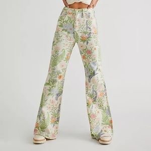 Wrangler x Free People Wanderer High Rise Floral Print Flare Jeans Cotton Denim